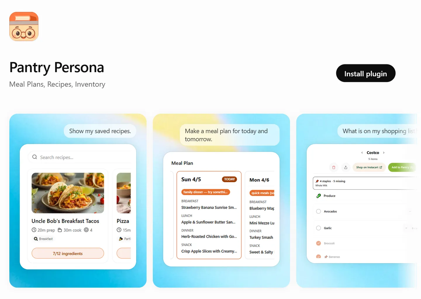 Pantry Persona listing in the ChatGPT plugin directory with the Install plugin button